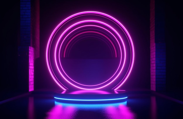 Rendu 3D bleu néon rose cadre rond cercle anneau forme lumière défilé de mode scène abstrait