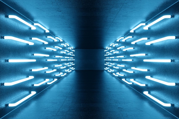 Photo rendu 3d bleu-teinte couloir éclairé avec néon bleu. élégant néon futuriste sur le mur.