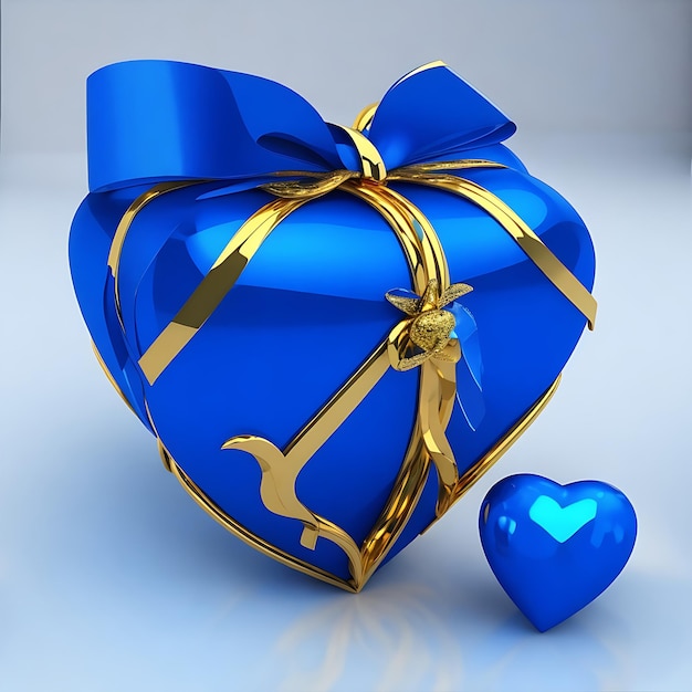 Rendu 3D Blue Golden Open Gift avec Blue White Heart ai générer