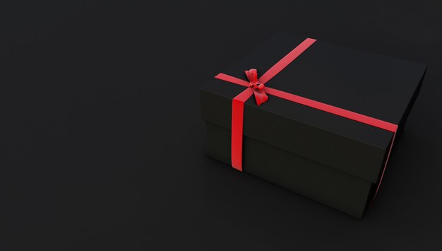 Rendu 3D de boîte cadeau noire avec des rubans rouges brillants isolés sur fond noir, élément de décoration de vacances. Anniversaire ou cadeau d'anniversaire