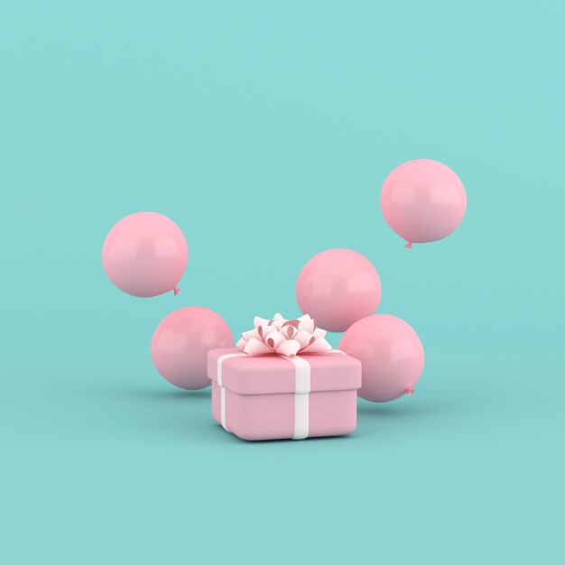 Rendu 3D d'une boîte-cadeau ronde et de ballons. Notion minimale.