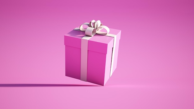 Photo rendu 3d d'une boîte-cadeau rose avec un arc blanc