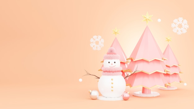 Rendu 3D de bonhomme de neige et arbre de Noël avec décoration