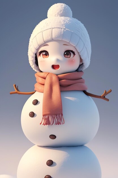 Un rendu 3d d'un bonhomme de neige avec un bonnet et une écharpe.