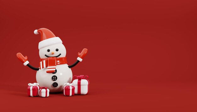 Rendu 3D de bonhomme de neige entouré de coffrets cadeaux décorations de Noël illustration 3D