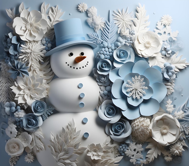 Photo rendu 3d d'un bonhomme de neige fait de fleurs en papier sur fond bleu généré par ai