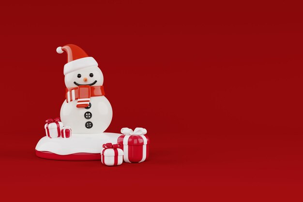 Rendu 3D d'un bonhomme de neige sur un podium rond entouré de coffrets cadeaux Illustration de décorations de Noël