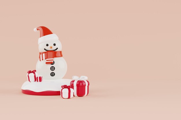 Rendu 3D d'un bonhomme de neige sur un podium rond entouré de coffrets cadeaux Illustration de décorations de Noël