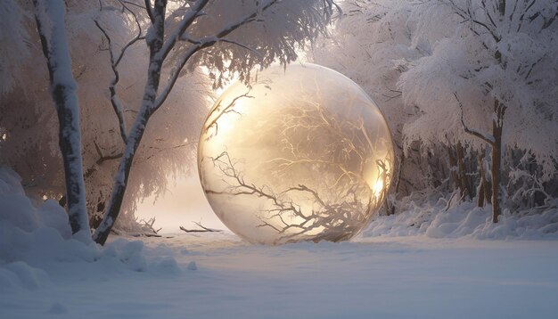 un rendu 3D d'une boule de neige entourée de neige blanche et d'arbres dans le style des paysages luminaires