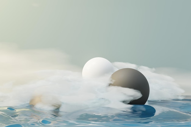 Rendu 3D de boule pastel, de bulles de savons, de gouttes qui flottent dans l'air avec des nuages duveteux et l'océan. Romance terre de scène de rêve. Ciel de rêve abstrait naturel.