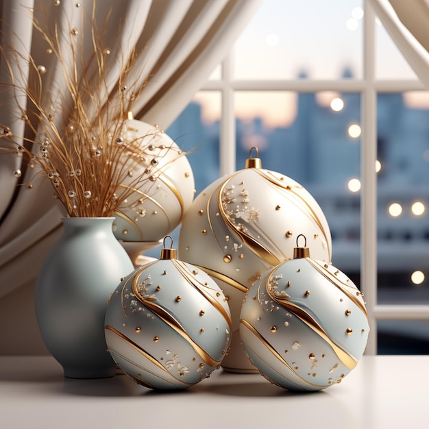 Photo rendu 3d de boules de noël dans un vase sur le fond de la fenêtre