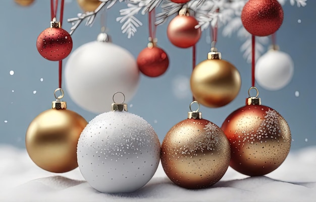 Rendu 3D de boules de Noël sur un fond de neige blanche