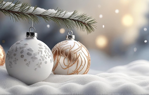 Rendu 3D de boules de Noël sur un fond de neige blanche