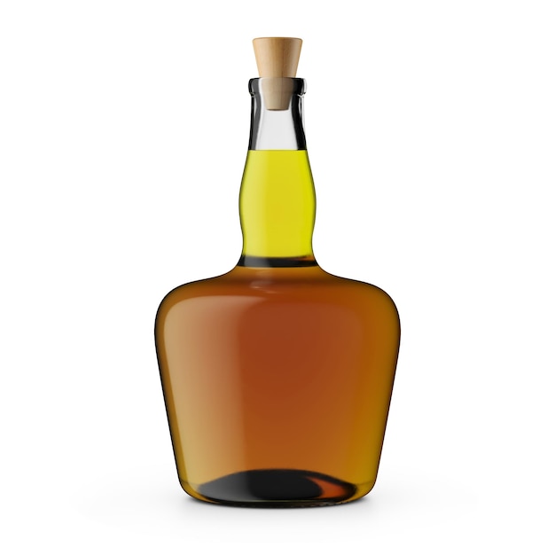 Rendu 3d de bouteille de rhum Verre clair et liège Fond blanc avec ombre