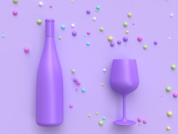 Rendu 3d bouteille de vin abstraite et verre coloré beaucoup boule