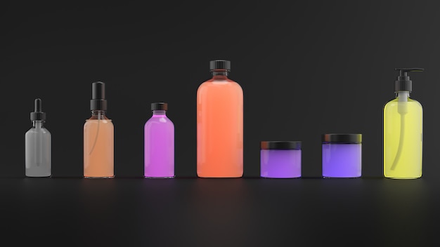 Rendu 3D de bouteilles de beauté. Fond 3d de bouteille cosmétique. Ensemble de flacons de soins corporels avec un liquide abstrait sur fond sombre.
