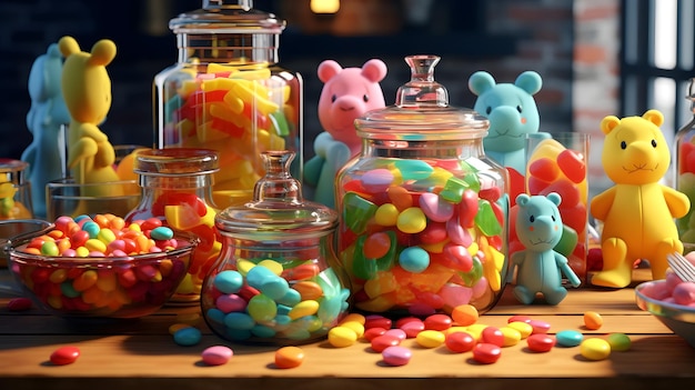 Un rendu 3D d'un buffet de bonbons colorés avec des ours gomme à sucettes