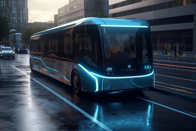 Rendu 3D d'un bus électrique moderne dans la ville la nuit ai générative