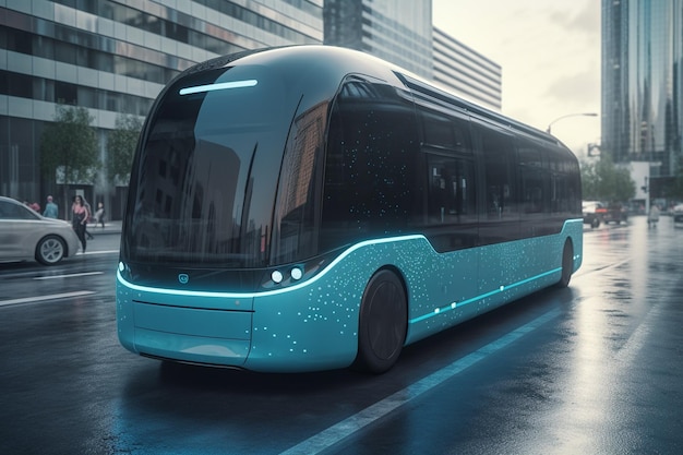 Rendu 3D d'un bus électrique moderne dans la ville la nuit