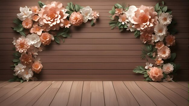 Rendu 3D d'un cadre floral avec un mur en bois et un fond de parquet
