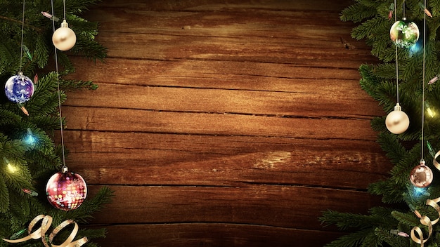 Rendu 3D d'un cadre de Noël festif sur une vieille table en bois rustique