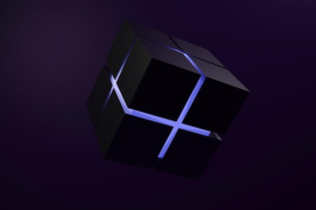 Rendu 3d d'une cage filaire de cube bleu brillant 3d abstrait autour sur fond violet foncé