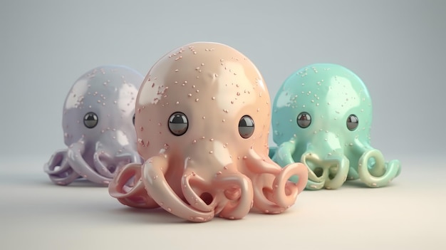 Rendu 3D de calamars de pieuvres drôles mignons aux couleurs pastel
