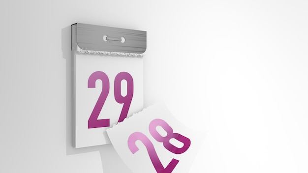 Photo rendu 3d d'un calendrier détachable minimaliste illustration 3d de l'évolution des jours de 28 à 29 page tombante du jour passé