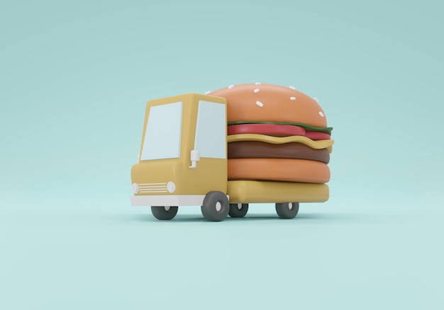 Rendu 3D d'un camion avec un gros hamburger sur le concept de fond du service de livraison de hamburgers. Illustration de rendu 3D.