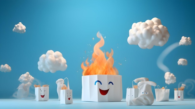 Un rendu 3D capricieux de sacs de papier, de nuages moelleux et d'un fantôme de feu.