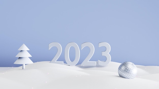 rendu 3d de la carte postale du nouvel an 2023, couleur argent et bleu