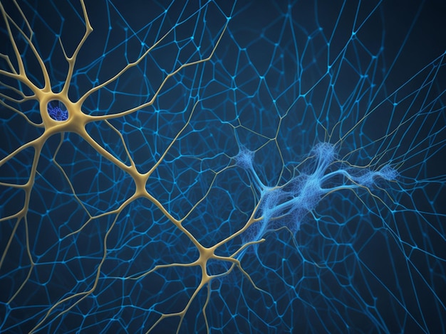 Rendu 3D d'une cellule neuronale sur fond bleu avec profondeur de champ