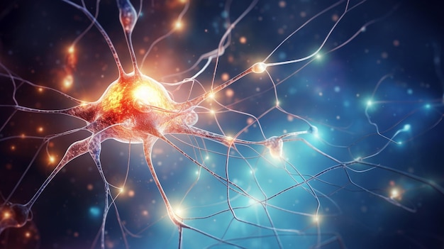 Rendu 3D d'une cellule neuronale avec neurones et système nerveux sur fond bleu