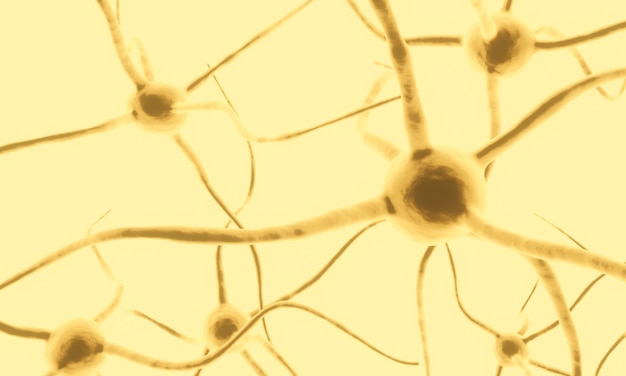 Rendu 3D. Cellule de neurone jaune.