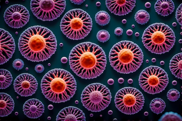Photo rendu 3d de cellules humaines et cancéreuses microscopiques sur le fond de la journée de la science