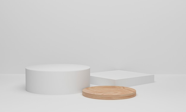 Rendu 3D cercles blancs et podium en bois avec fond blanc