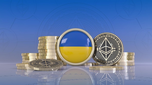 Rendu 3D de certaines pièces Ethereum entourant un badge avec le drapeau ukrainien