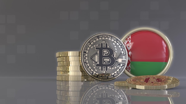 Rendu 3D de certains Bitcoins métalliques devant un badge avec le drapeau biélorusse