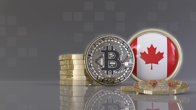 Rendu 3d de certains Bitcoins métalliques devant un badge avec le drapeau canadien