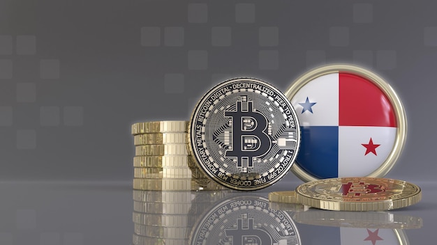 Rendu 3D de certains Bitcoins métalliques devant un badge avec le drapeau panaméen