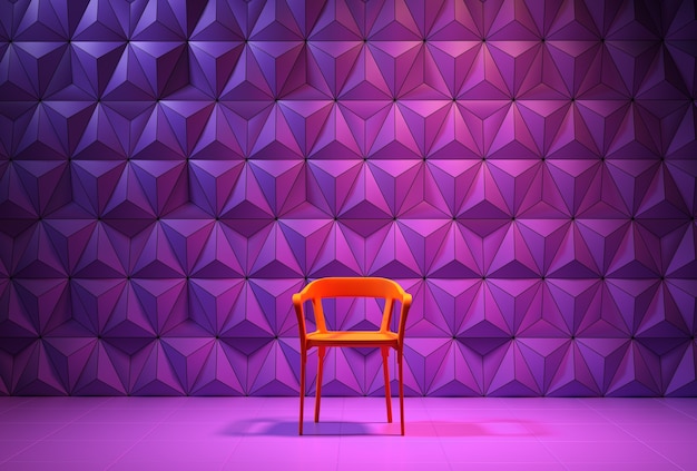 Rendu 3D une chaise de couleur orange sur fond abstrait couleur géométrie violette