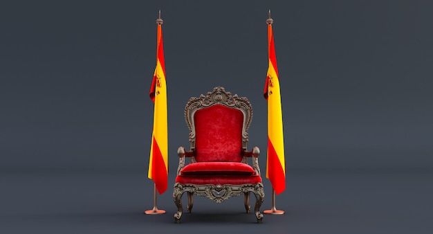 Rendu 3D de la chaise royale rouge sur fond sombre entre deux drapeaux, symbole de l'état du drapeau suédois, drapeau de la Suède accroché à un mât de drapeau