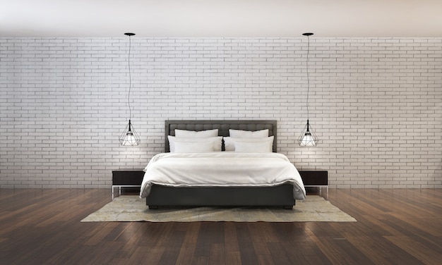 Rendu 3d de chambre à coucher de style contemporain moderne Il y a un plancher en bois décoré avec un lit en tissu blanc et un fond de texture de mur de briques