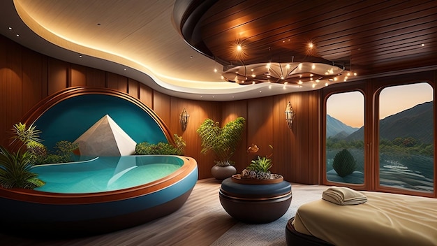Rendu 3D d'une chambre d'hôtel de luxe avec piscine
