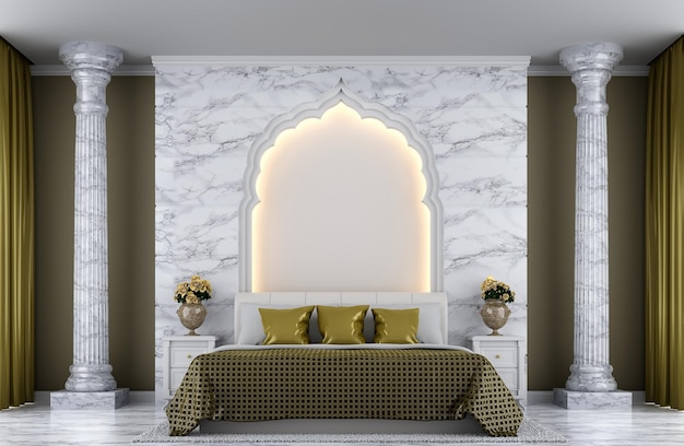 Rendu 3D de la chambre de luxe Il est décoré d'arcs de style indien en marbre blanc et de couleur or