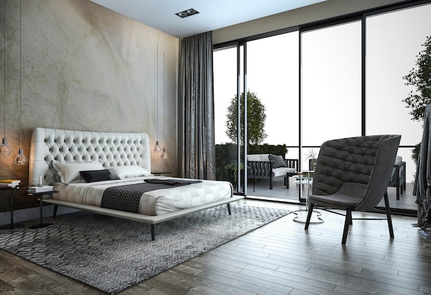 Rendu 3D chambre moderne loft près de la fenêtre