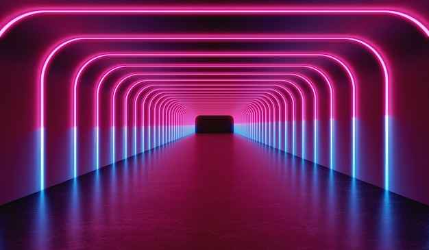 Rendu 3D Chambre noire futuriste avec néon lumineux laser rose et bleu salle scifi tunnel