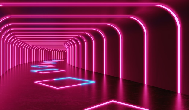 Rendu 3D Chambre noire futuriste avec néon lumineux laser rose et bleu salle scifi tunnel