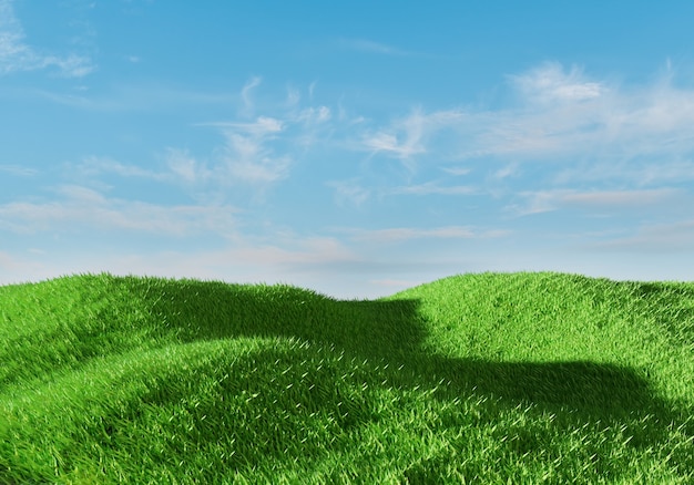 Rendu 3D. Champ d'herbe verte sur fond de ciel bleu. Paysage de la nature.