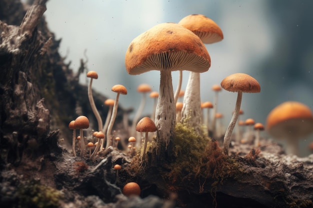 Un rendu 3d d'un champignon avec une souche d'arbre en arrière-plan.